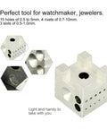 Pro Grade Watch Repair Tool Set For Movement Change And Riveting Stainless Steel Watch Block shown with holes and slots