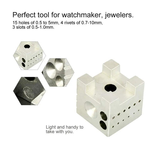 Pro Grade Watch Repair Tool Set For Movement Change And Riveting Stainless Steel Watch Block shown with holes and slots