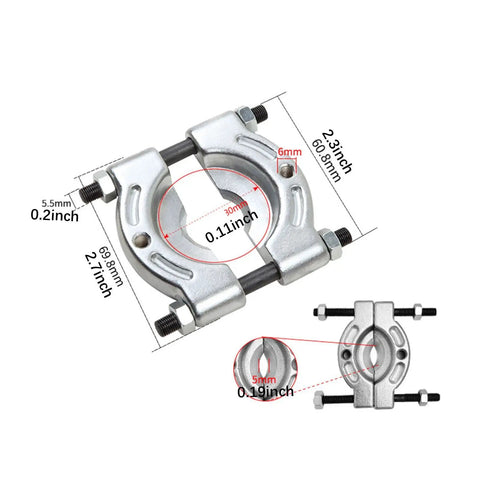 Heavy Duty Bearing Splitter And Remover Tool With Adjustable Diameter Angled Edges shown with measurements from 0.2 to 2.3 inches