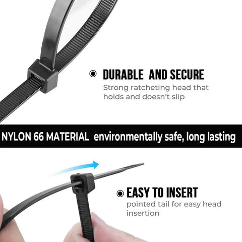 Close-up of 36 Inch Heavy Duty Zip Ties Pack Of 50 Ultra Strong UV Cable Ties showing durable and easy-to-insert features.
