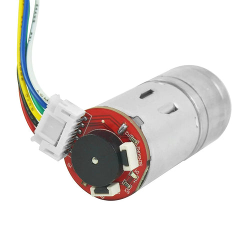 Close-up of a pair of 12V DC gear motor with encoder, 100 RPM, 1:45 gear ratio, silver metal housing, and D shaft, visible wires