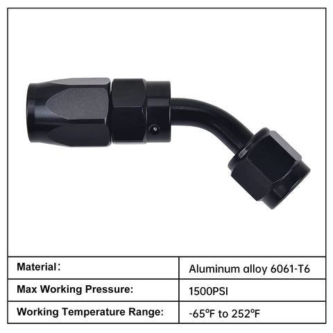 6AN Hose End Fitting 45 Degree Swivel For CPE Braided Hose Black Aluminum 6061 T6 Built Tough With 9/16-18 UNF Thread Compatible With Stainless Steel And Nylon Braided Hoses., black 45° swivel hose end fitting with 9/16-18 UNF thread