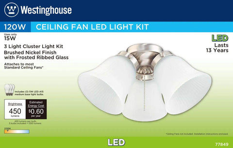Three Light LED Ceiling Fan Light Kit In Brushed Nickel With Frosted Ribbed Glass Shades, Energy Efficient Upgrade For 42 Inch Fans