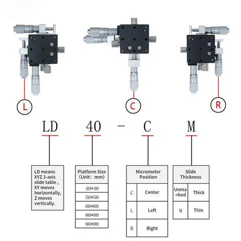 Rock Solid Precision 3 Axis Manual Linear Stage With 40 Millimeter Roller Guide Platform, multiple micrometer positions and settings