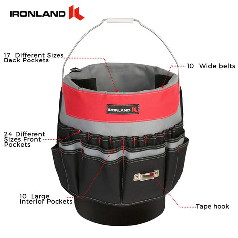 Bucket Tool Organizer Caddy Fits 3.5 to 5 Gallon Buckets, 51 Pockets for Garden, Construction, Carpenter, Electrician, Welding and Builder, Red and Black Heavy Duty Tool Holder.