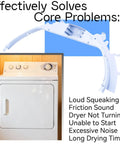 Dryer Drum Bearing Kit For Most Home Dryers, Quiet Replacement That Ends Squeaking And Grinding, Stops Black Marks From Worn Bearings And Slides, Easy DIY Install, Restores Quiet, Smooth, Efficient Drying Performance, white dryer drum bearing part and home dryer