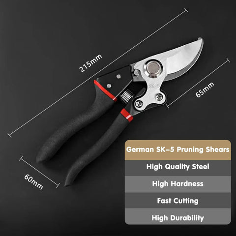 Pro Grade Workhorse 8.4 Inch Pruning Shears With SK5 Steel Titanium Coated Blades and ergonomic handles on black background