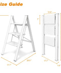 Three Step Aluminum Folding Ladder With Wide Anti Slip Pedals, 330 Lb Capacity, shown open and folded with dimensions.