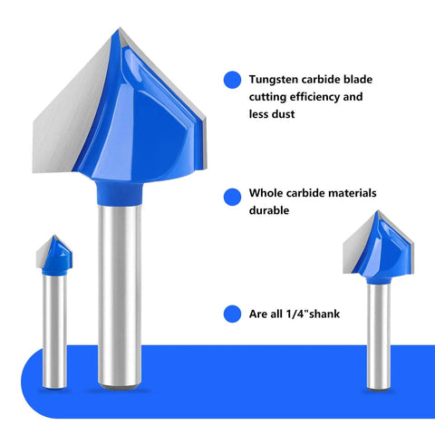 Close-up of an Eight-Piece 90 Degree V-Groove Router Bit Set With 1/4 Inch Shank, Carbide-Tipped 2-Flute Engraving Bits for wood.