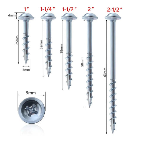 Pocket Hole Screws Self Tapping Galvanized Coated Drive Screws For Pocket Hole Jig System 63mm 100 Pack shown in various sizes