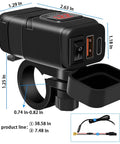 Motorcycle Usb Charger With Badass Waterproof Sae To Usb Adapter For Sweet Street Rides Featuring Knockout Dual Fast Quick Charge 3 Plus Pd Voltage Meter Plug And Play Toggle Switch Red with dimensions shown.