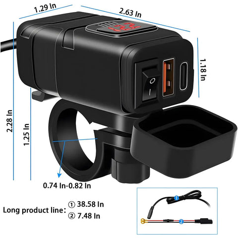 Motorcycle Usb Charger With Badass Waterproof Sae To Usb Adapter For Sweet Street Rides Featuring Knockout Dual Fast Quick Charge 3 Plus Pd Voltage Meter Plug And Play Toggle Switch Red with dimensions shown.