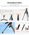 Height adjustable feature of Compact Desk Tripod With Ball Head For DSLR And Phone showing 22 to 55 cm range and folding mechanism.