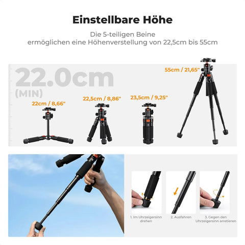 Height adjustable feature of Compact Desk Tripod With Ball Head For DSLR And Phone showing 22 to 55 cm range and folding mechanism.