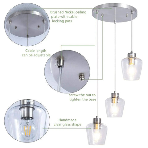 Three light pendant lighting with clear glass and adjustable silver cord in brushed nickel, ceiling plate and cable details