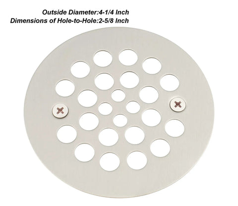 Solid Heavy Duty Shower Strainer Drain Cover With Screw In Trim Set Rust Resistant Brushed Nickel Finish, 4.25 inch diameter.