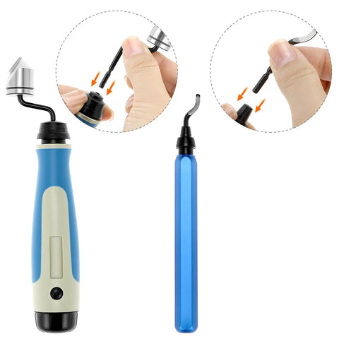 Pro Grade Hand Deburring Tool Kit With 10 Rotary Blades And Countersink Blade For Wood Plastic Aluminum And Steel showing interchangeable parts and handle.