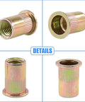 50-Piece 1/2-Inch 13 UNC Zinc Plated Carbon Steel Flat Head Rivnut Threaded Inserts viewed from multiple angles, highlighting detail.