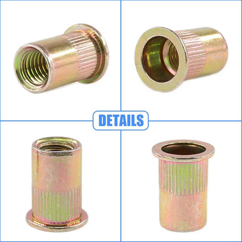 50-Piece 1/2-Inch 13 UNC Zinc Plated Carbon Steel Flat Head Rivnut Threaded Inserts viewed from multiple angles, highlighting detail.