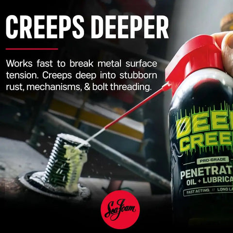 Deep Creep Penetrating Lubricant And Rust Remover Spray 12 Ounce Moisture Displacer And Thread Loosener in use on bolt