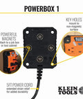 Back view showing magnetic PowerBox 1 power strip with 5 ft cord, keyholes for mounting, heavy-duty design for tools and chargers.