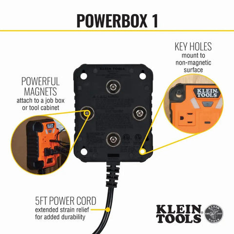 Back view showing magnetic PowerBox 1 power strip with 5 ft cord, keyholes for mounting, heavy-duty design for tools and chargers.