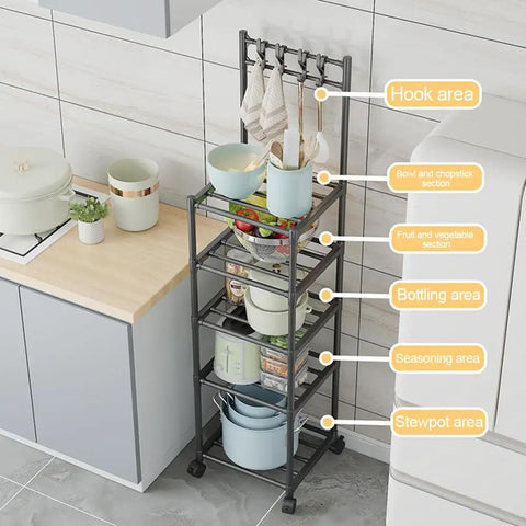 Super Tough As Nails Five Tier Rolling Shelving Unit Heavy Duty Storage Rack One Hundred Ten Pounds Capacity total game changer in kitchen with bowls and hooks.