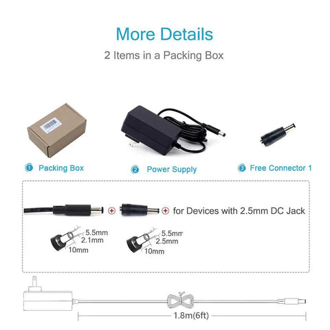 UL Listed 12V 3A Power Supply Charger Adapter 100 240V AC Input To DC 12V 36W All Purpose Universal Switching Transformer Converter With 5.5 x 2.1 mm And 5.5 x 2.5 mm Plugs High Efficiency Low Noise Overload And Short Circuit Protection, packing box and connector