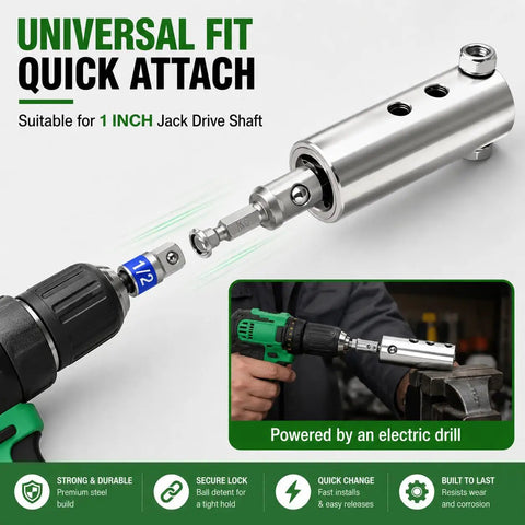 Rock Solid Stainless Steel Trailer Jack Drill Adapter For 1 Inch Drive Shaft with quick attach to electric drill.