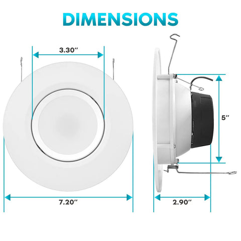 Sleek 5 And 6 Inch Gimbal LED Recessed Can Lights 16 Pack dimensions showing 3.30" and 5" sizes.
