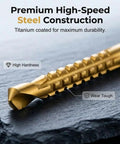 Close-up of titanium coated high-speed steel drill bit, part of the Grab This Top Shelf Six Piece Hss Twist Drill Bit Set Titanium Coated.