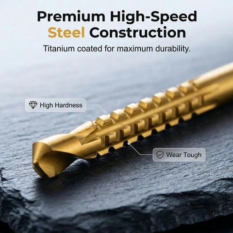 Close-up of titanium coated high-speed steel drill bit, part of the Grab This Top Shelf Six Piece Hss Twist Drill Bit Set Titanium Coated.