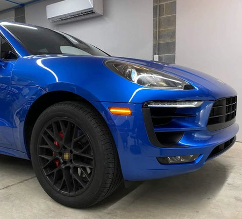 Smoked Lens Full LED Front Side Marker Kit For Porsche Macan 2014-2024 1st Gen Amber Sidemarker Lights installed on blue car.