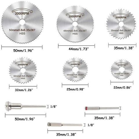 Diagram showing HSS circular blades and mandrels from All In One Rotary Tool Cutting Wheel Kit 88-Pc Set with dimensions.