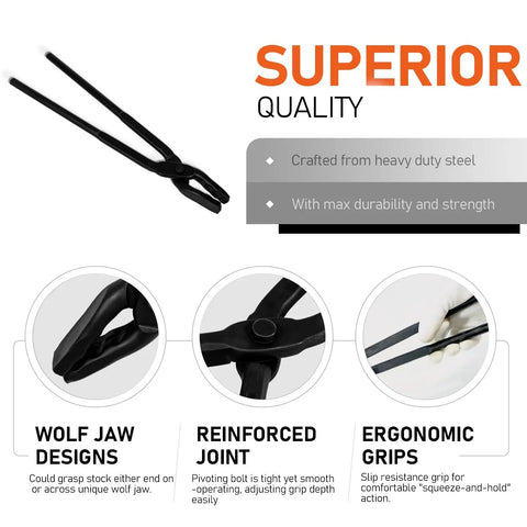 Wolf Jaw Blacksmith Tongs 17 Inch Forging Tool for Blacksmiths Pro Grade Safe Control with serrated wolf jaw grip details