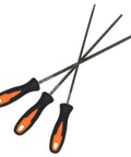 Three Piece Chainsaw Sharpening File Set With Easy Grip Plastic Handles, Round Files In 5/32 Inch, 3/16 Inch And 7/32 Inch For 3/8 Inch, 0.325 Inch And Low Profile Chains, Premium Heat Treated Steel For Maximum Hardness And Wear Resistance shown with black and orange handles