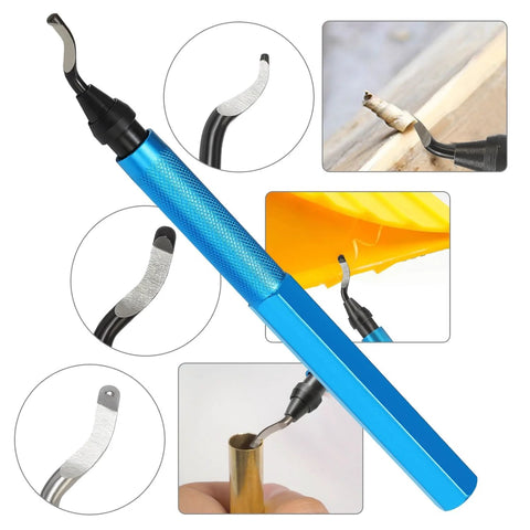 Blue metal deburring tool set with interchangeable curved blades and 6 needle files for 3D prints (18 pcs)