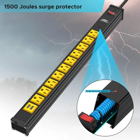 Heavy Duty Power Strip Surge Protector With USB 10 Outlets 6 Foot Extension Cord Mounting Brackets 15 Amp Circuit Breaker 1500 Joules