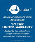 Genuine InSinkErator accessory card with 1-year limited-warranty text for Polished Nickel Air Switch Button For Garbage Disposal Fits One And A Quarter To One And A Half Inch Sink Hole Dual Outlet Cap Replacement For Modern Dope Kitchen Upgrades And Sleek Sink Top Finish.