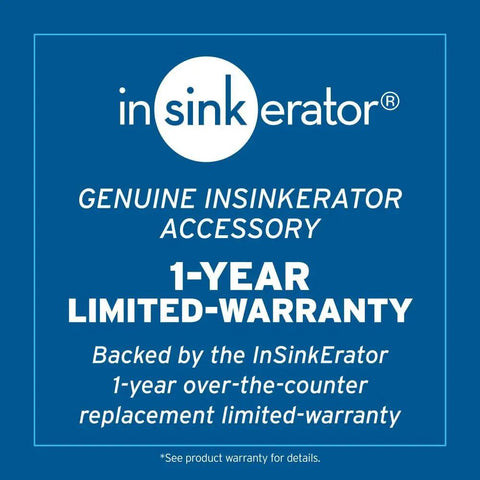Genuine InSinkErator accessory card with 1-year limited-warranty text for Polished Nickel Air Switch Button For Garbage Disposal Fits One And A Quarter To One And A Half Inch Sink Hole Dual Outlet Cap Replacement For Modern Dope Kitchen Upgrades And Sleek Sink Top Finish.