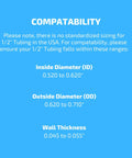 Drip irrigation tubing adapter compatibility chart: ID 0.520–0.620 in, OD 0.620–0.710 in, wall 0.045–0.055 in