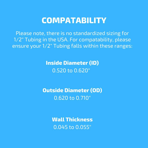 Drip irrigation tubing adapter compatibility chart: ID 0.520–0.620 in, OD 0.620–0.710 in, wall 0.045–0.055 in