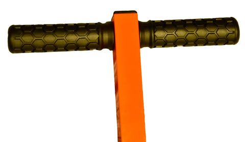 Close-up of rubber grip handles on the Compact Magnetic Lid Lifter That Cracks Open Tough Manhole Covers Without Breaking A Sweat While Hauling Up To 150 Pounds Thanks To Strong Neodymium Magnets And Solid Aluminum Frame In Orange.