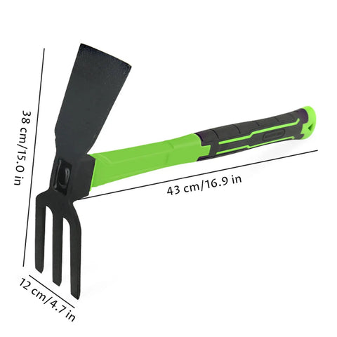 Heavy Duty Beast 16.9 Inch Double Sided Garden Pick Axe With Non Slip Handle for digging, weeding, loosening soil shown with dimensions.