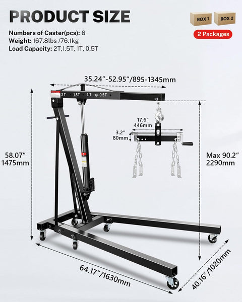 Heavy Duty 2 Ton Hydraulic Engine Hoist With Lever Folding Cherry Picker 6 Locking Wheels 4 Boom Positions, dimensions shown