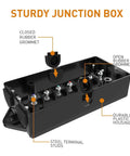 7 Way Trailer Junction Box Weatherproof Connector For RV Camper Caravan Boat, showing steel terminal studs and durable plastic housing.