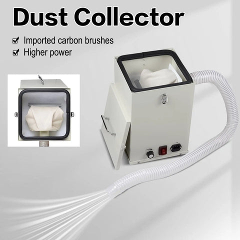 Heavy Duty 1000W Lab Dust Collector With A Badass Dual Impeller Design And Variable Suction Controls For Dental Labs And Workshops Yanking Metal Parts And Wood Chips Clean. Dust collector machine showing internal filter and hose.
