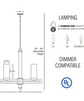 Diagram of Alden 18 Inch 4 Light Modern Farmhouse Chandelier With Clear Cylinder Glass Shades Gray Oak Wood Finish And Black Accents, showing dimensions and lamp type compatibility.