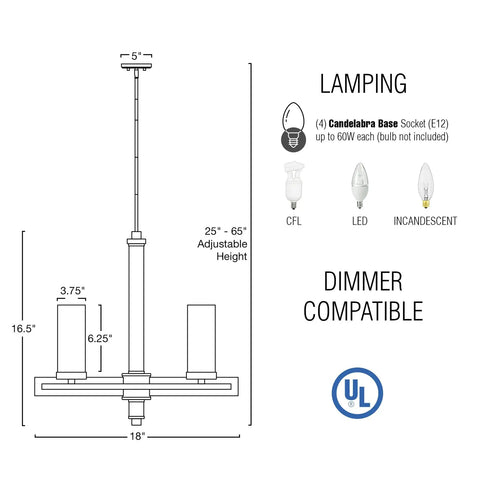 Diagram of Alden 18 Inch 4 Light Modern Farmhouse Chandelier With Clear Cylinder Glass Shades Gray Oak Wood Finish And Black Accents, showing dimensions and lamp type compatibility.