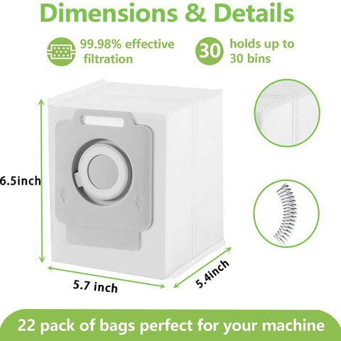 Must Have 22 Pack Replacement Vacuum Bags For Roomba I7 I7 Plus I8 I8 Plus with dimensions and filtration details